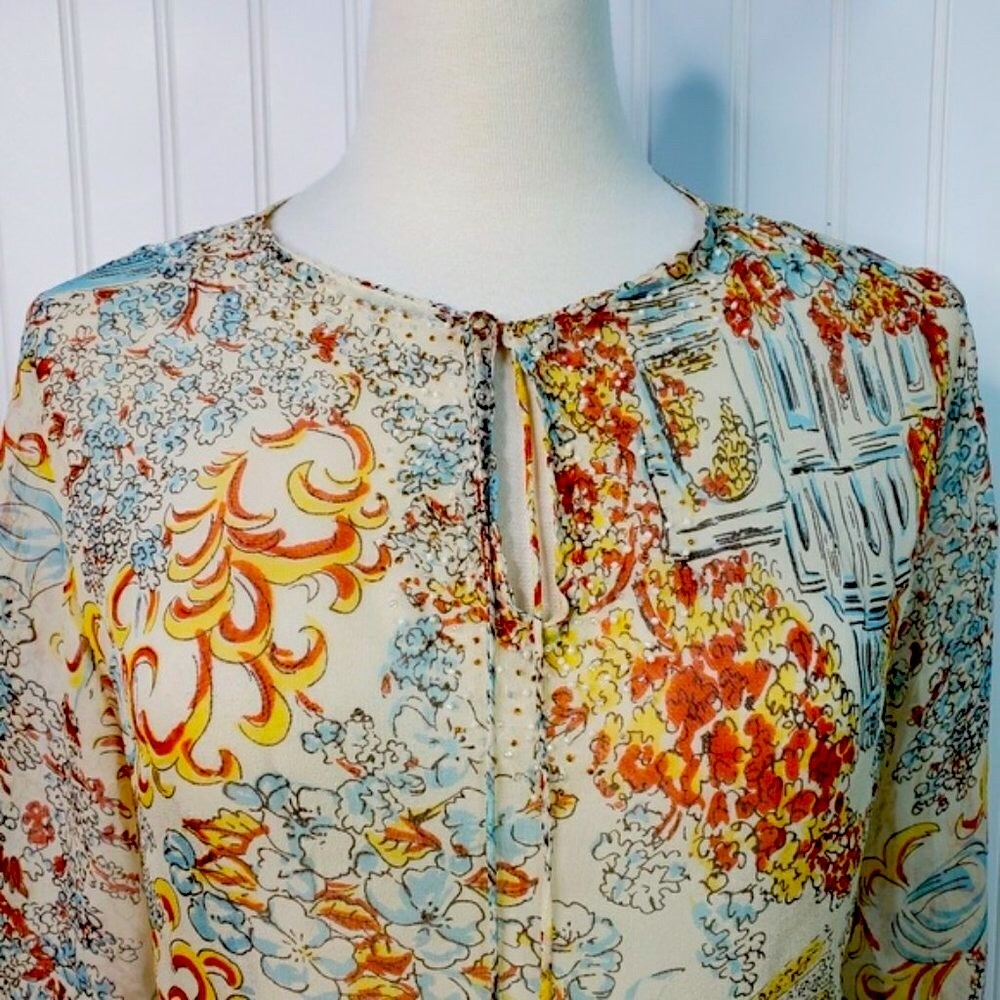 CAbi Sheer Silk Beaded Floral Long Sleeve Tunic Blouse Small - Picture 3 of 5
